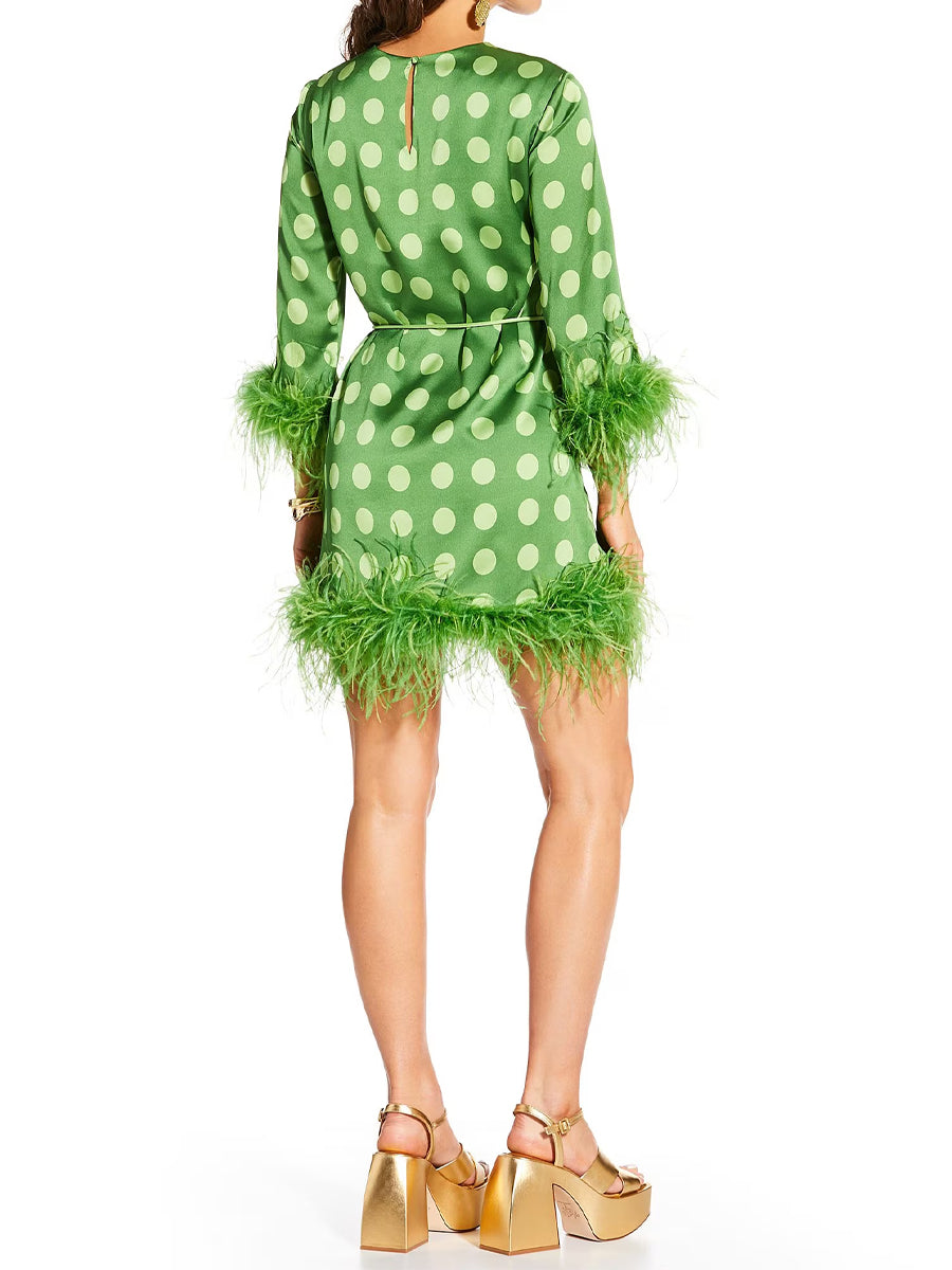Printed Satin Polka Dot Feather Mini Dress