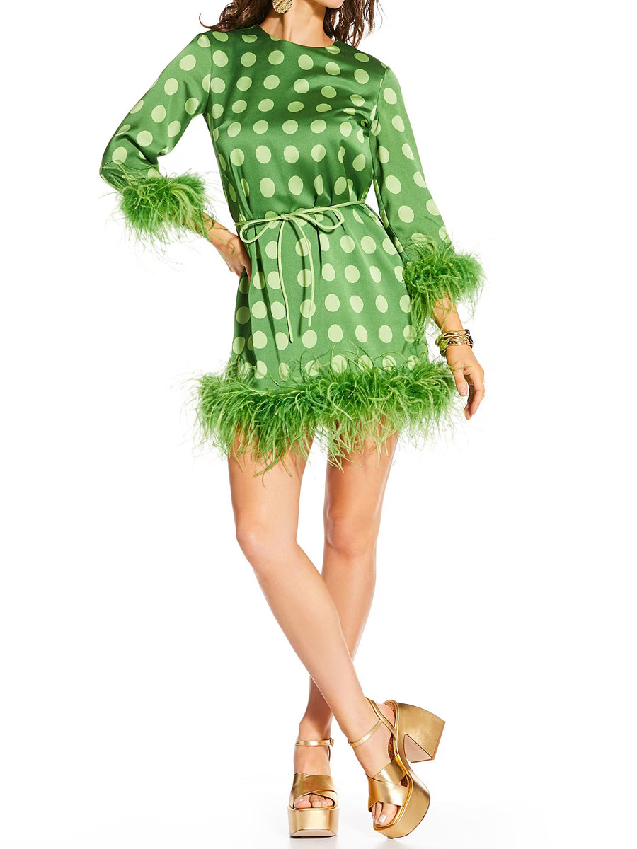 Printed Satin Polka Dot Feather Mini Dress