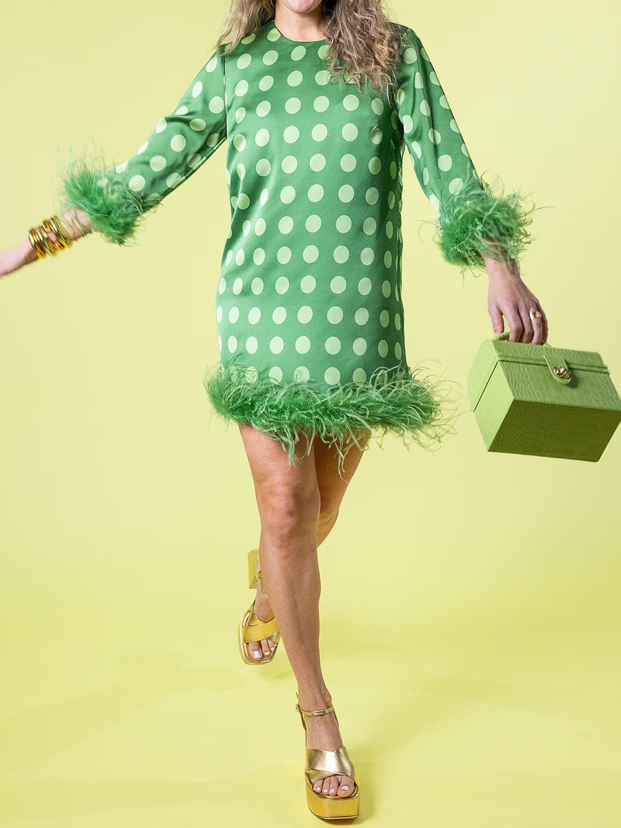 Printed Satin Polka Dot Feather Mini Dress