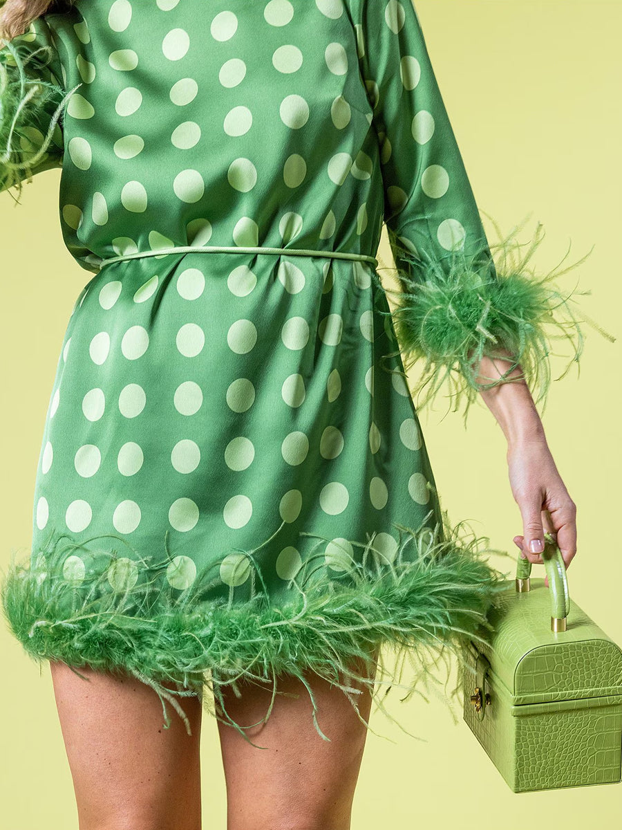 Printed Satin Polka Dot Feather Mini Dress