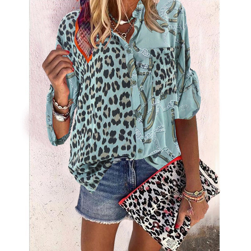 Pop stand collar print stitched Leopard Print Shirt