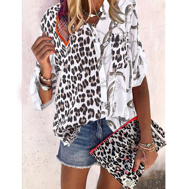 Pop stand collar print stitched Leopard Print Shirt