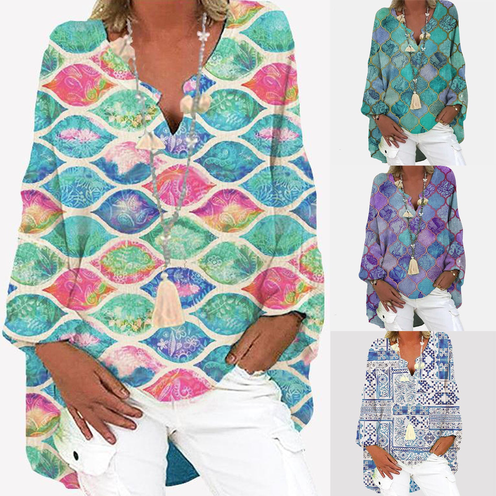 digital printed patchwork V-Neck long sleeve large dress