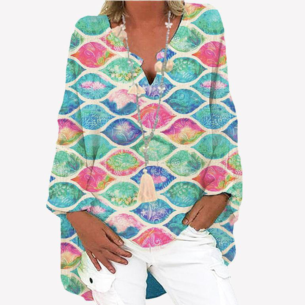 digital printed patchwork V-Neck long sleeve large dress