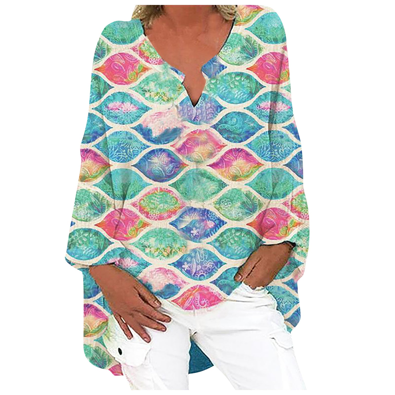 digital printed patchwork V-Neck long sleeve large dress