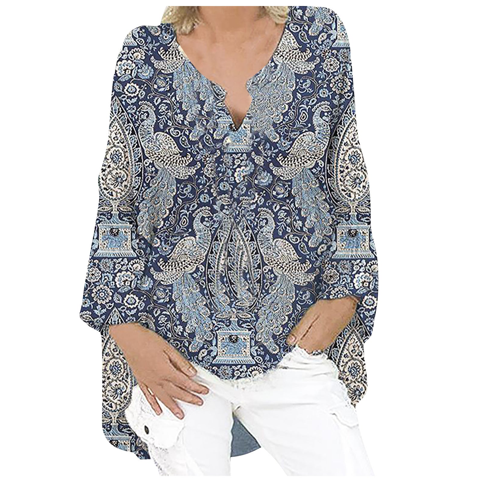 digital printed patchwork V-Neck long sleeve large dress