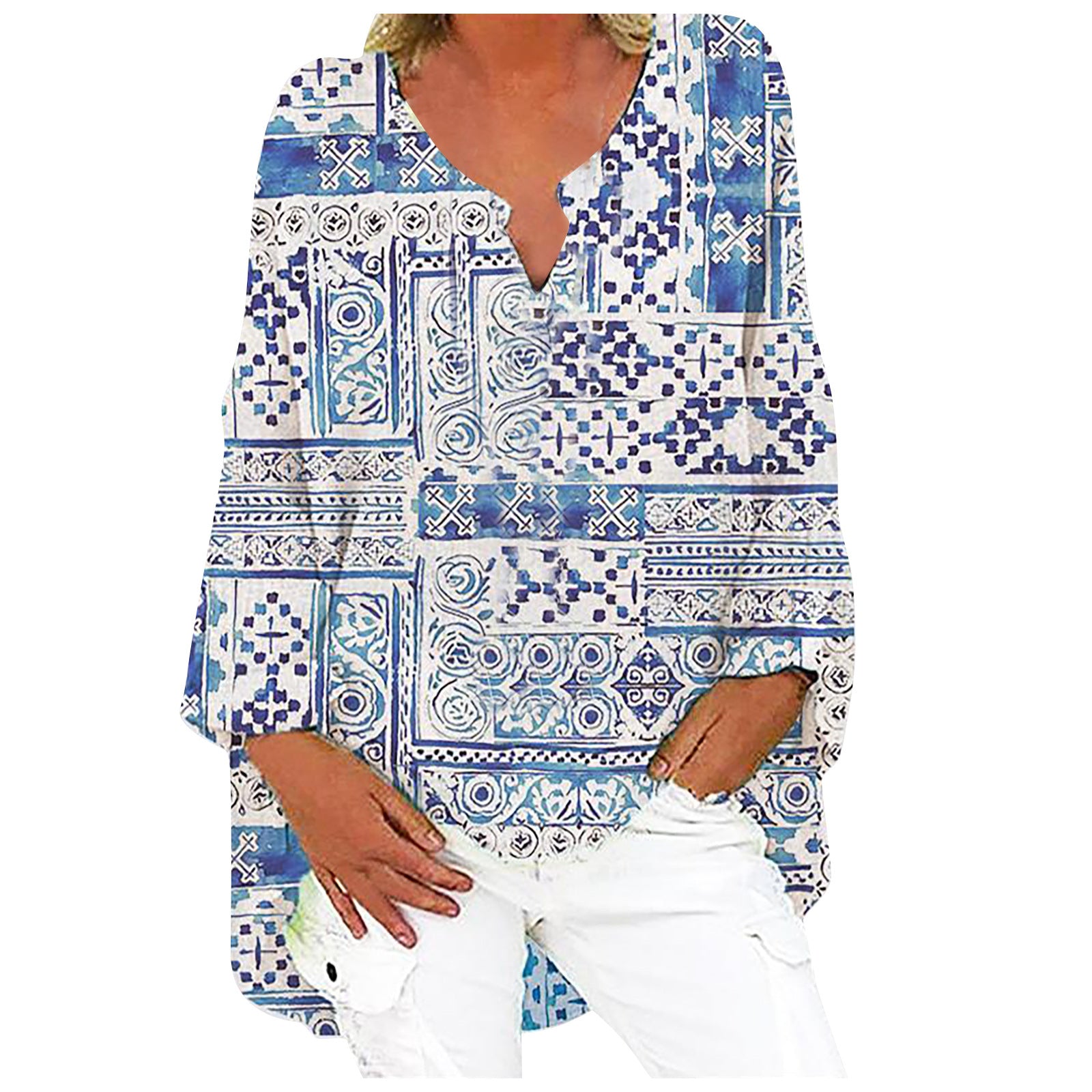 digital printed patchwork V-Neck long sleeve large dress