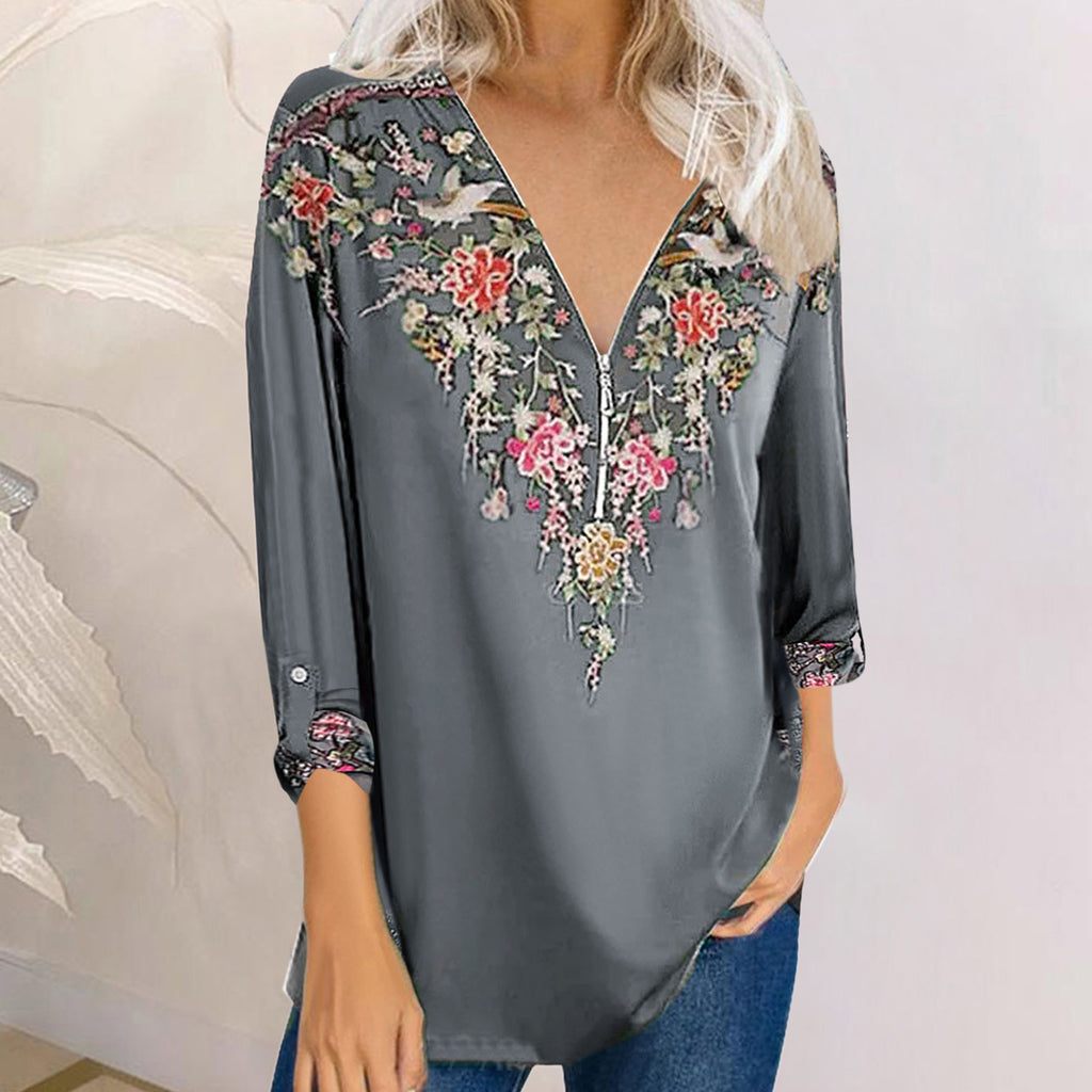printed temperament national style long sleeve V-neck top
