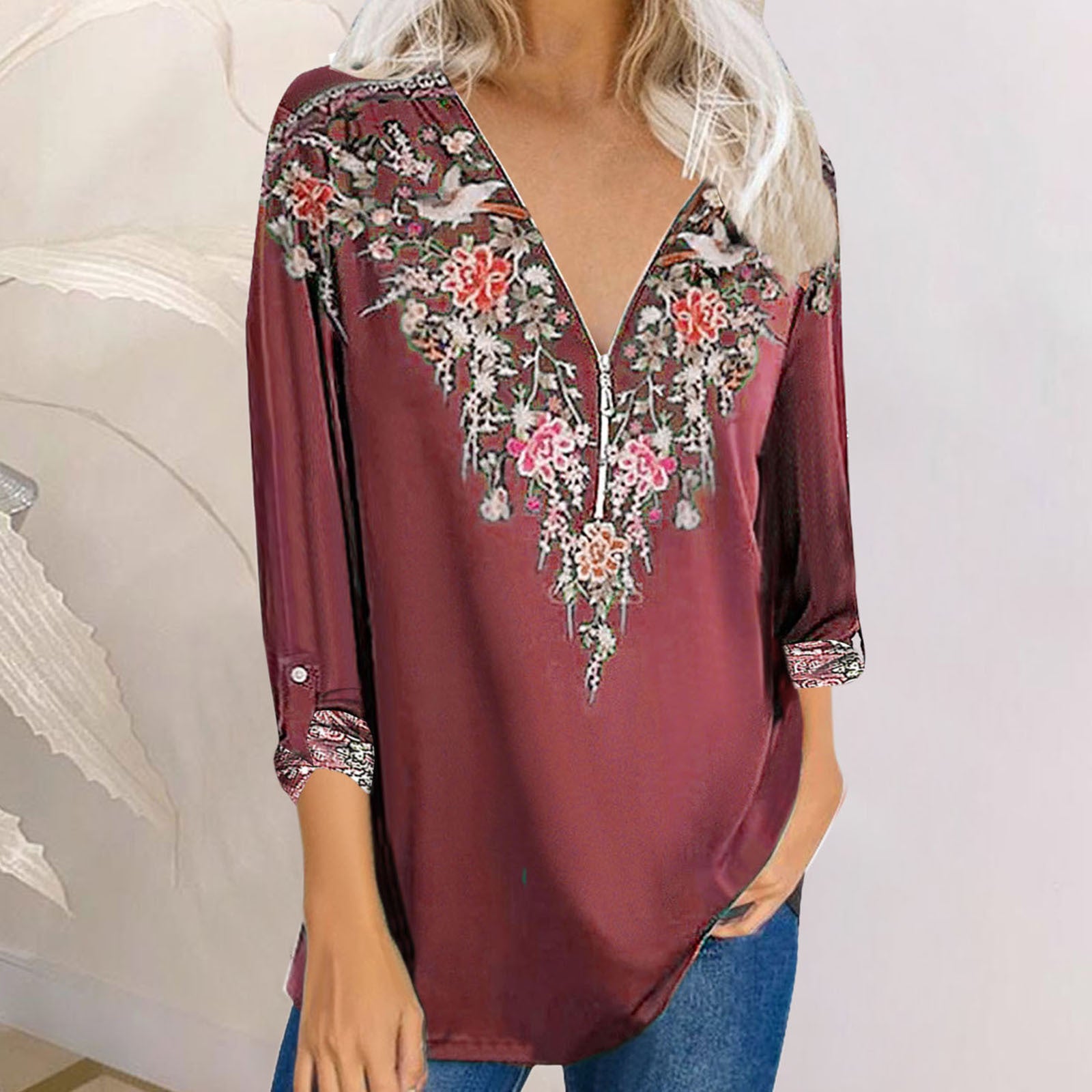 printed temperament national style long sleeve V-neck top