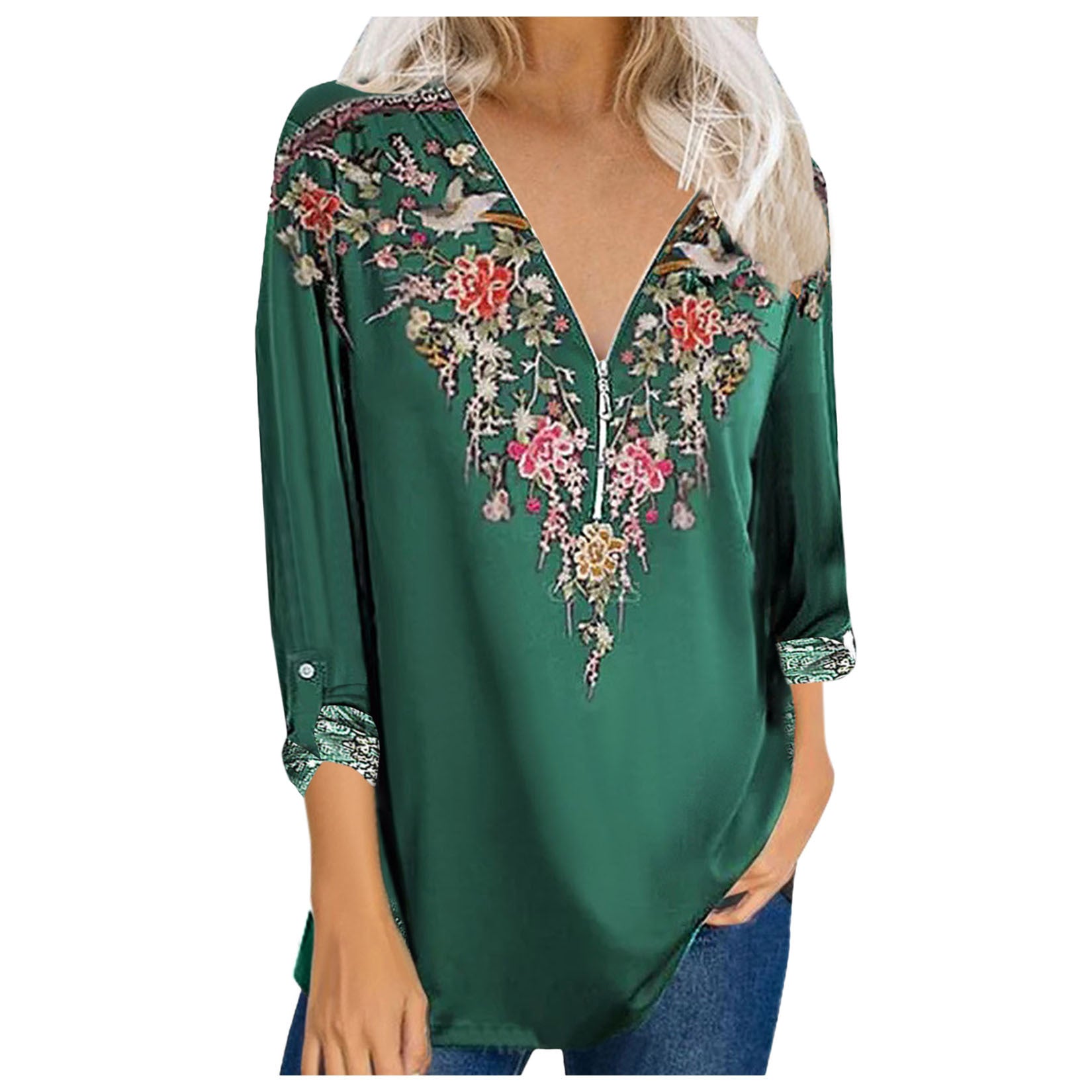 printed temperament national style long sleeve V-neck top