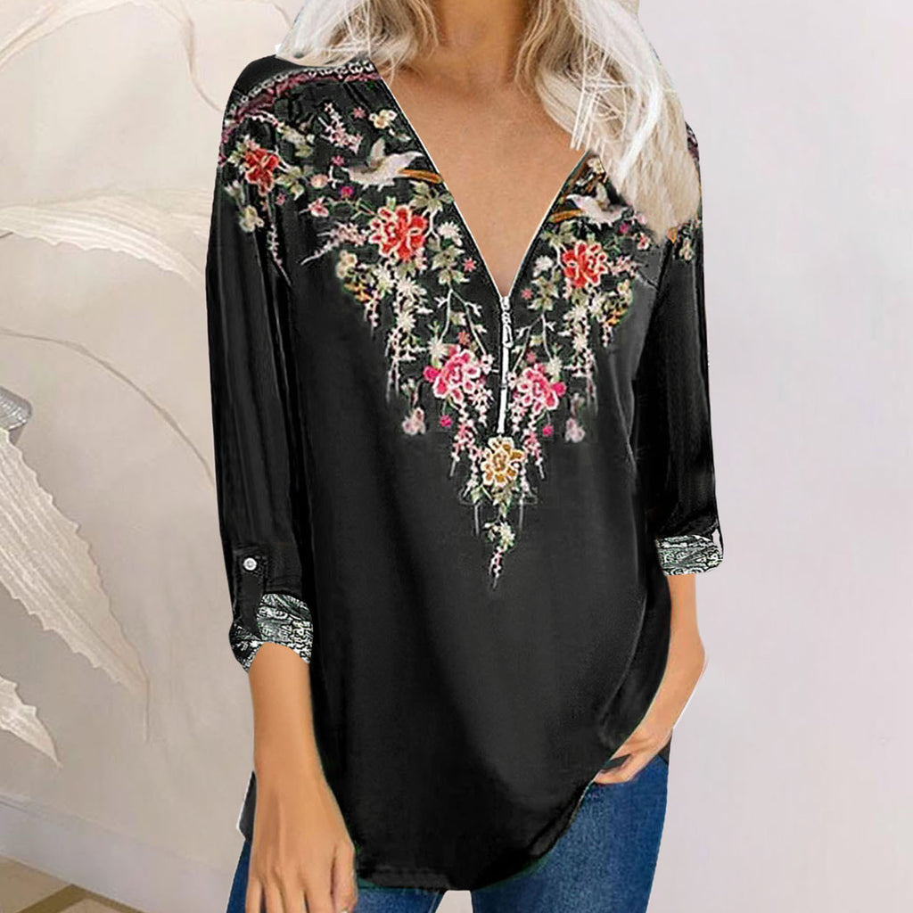 printed temperament national style long sleeve V-neck top
