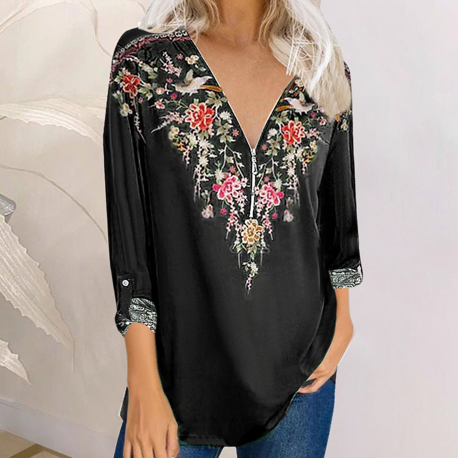 printed temperament national style long sleeve V-neck top