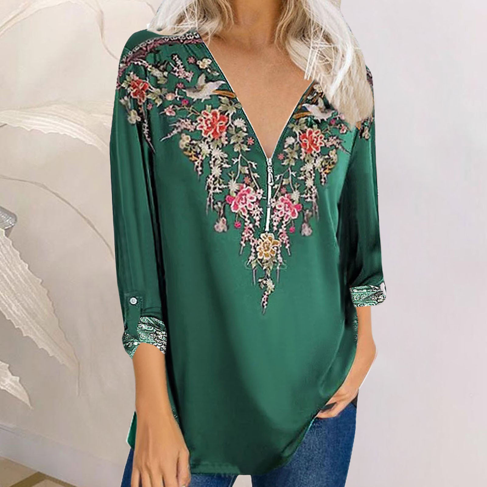 printed temperament national style long sleeve V-neck top