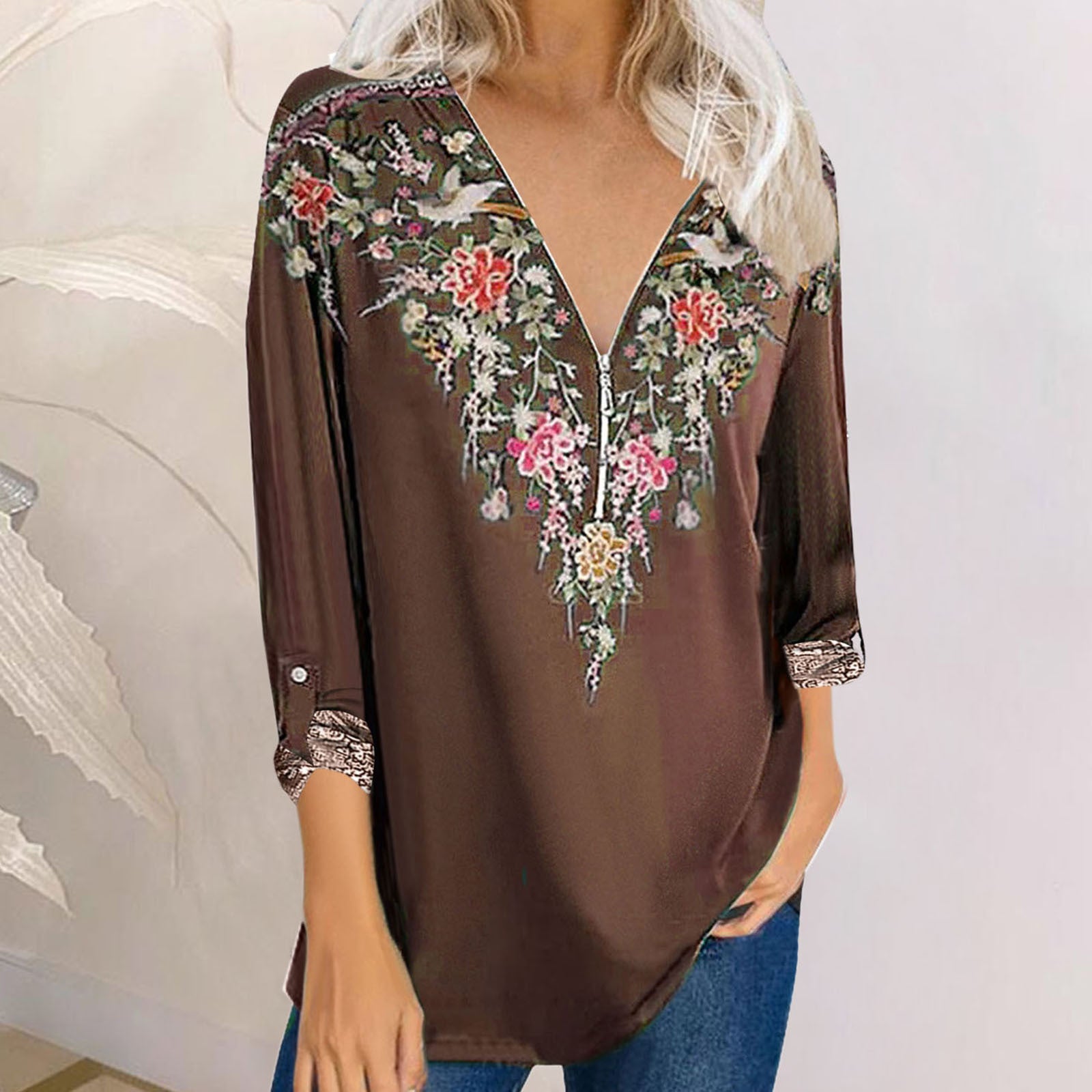printed temperament national style long sleeve V-neck top