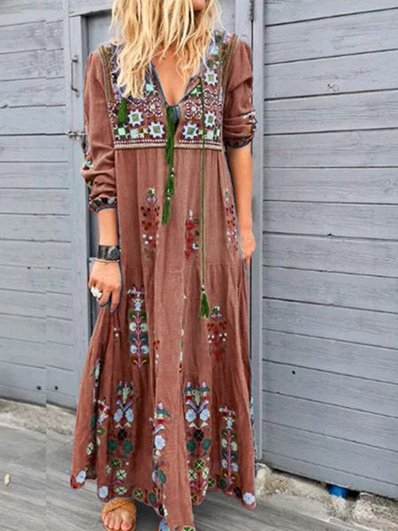 Boho printing long Sleeve MAXI Dress