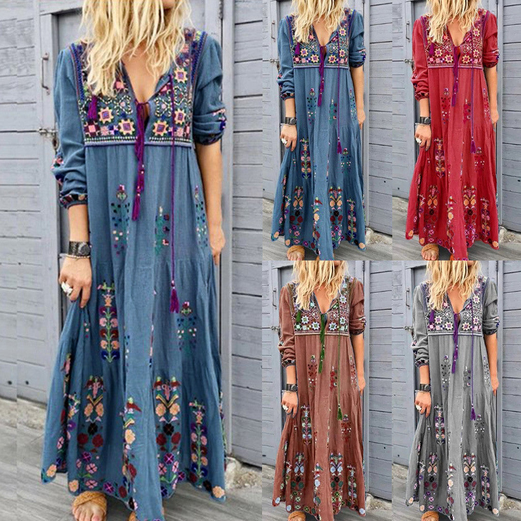 Boho printing long Sleeve MAXI Dress
