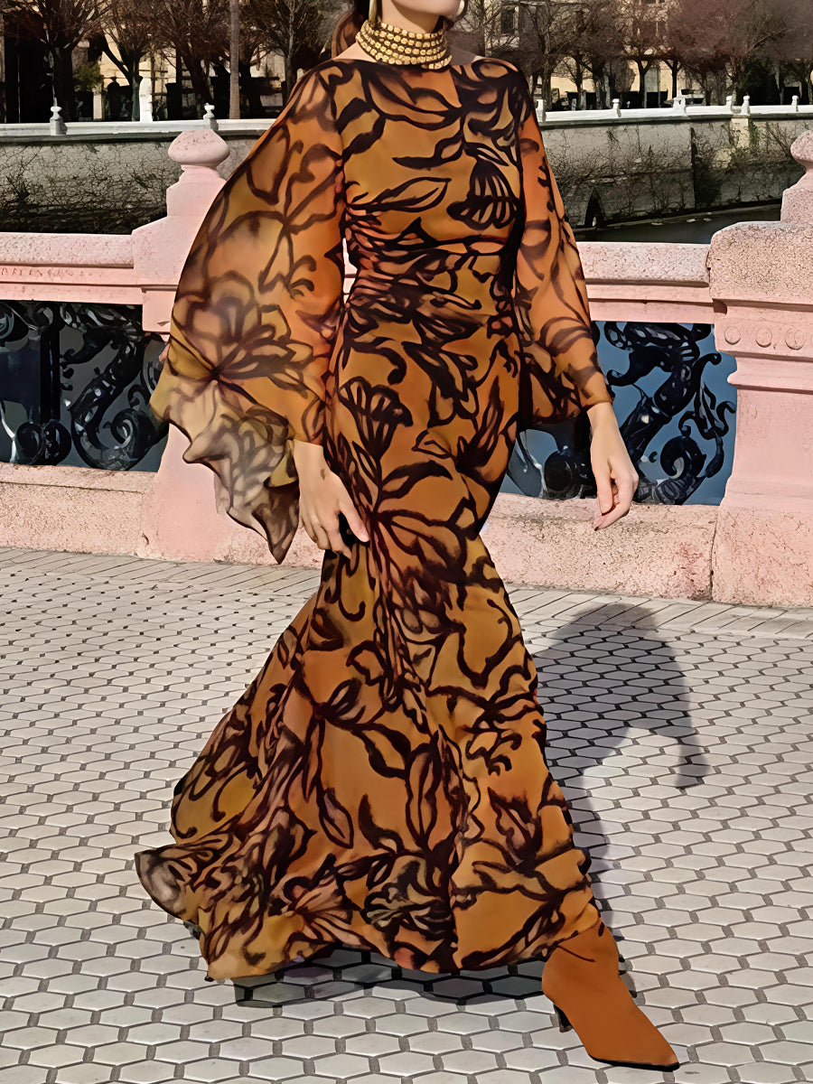 Boat Neck Printed Wide Sleeves Maxi Dress