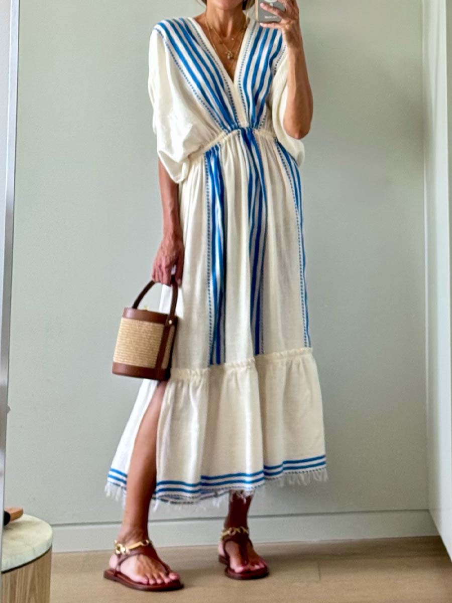 Deep V Neck Striped Slit Hem Beach Dress