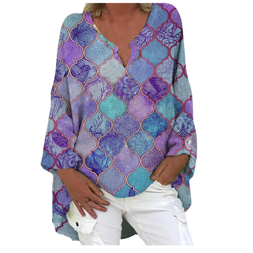 digital printed patchwork V-Neck long sleeve large dress