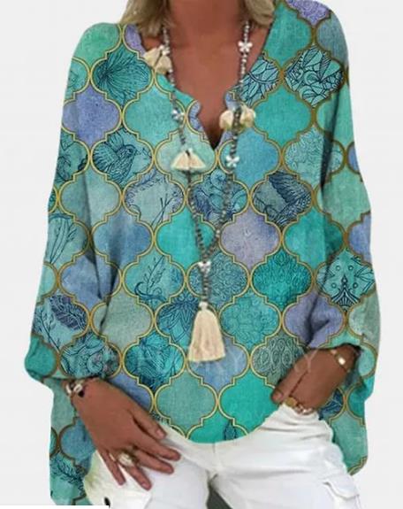 digital printed patchwork V-Neck long sleeve large dress