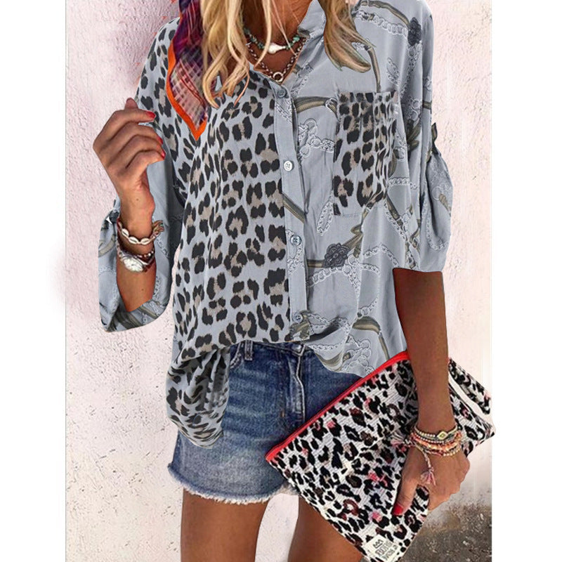 Pop stand collar print stitched Leopard Print Shirt
