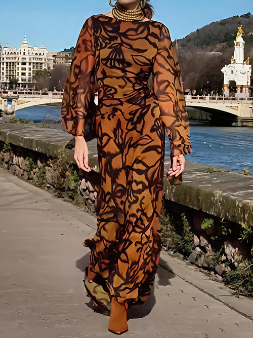 Boat Neck Printed Wide Sleeves Maxi Dress