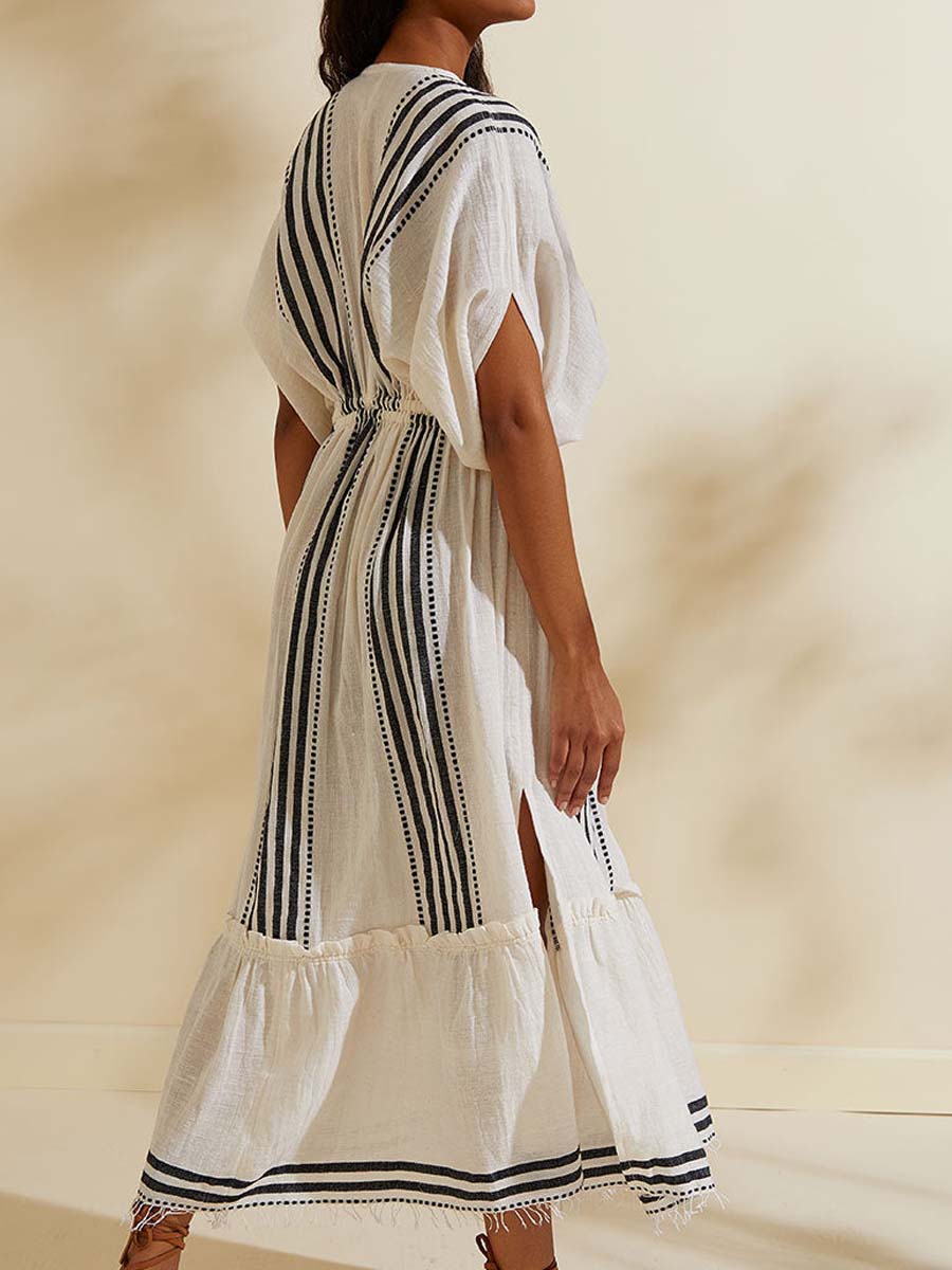 Deep V Neck Striped Slit Hem Beach Dress