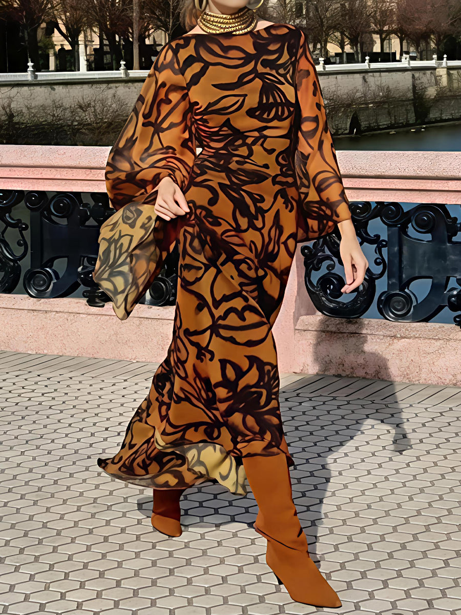 Boat Neck Printed Wide Sleeves Maxi Dress