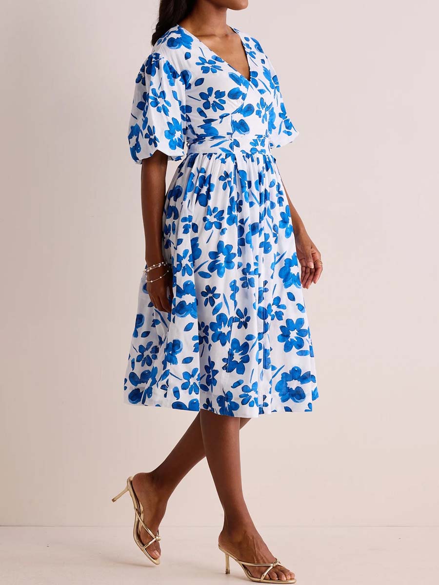 Floral Print V-neck Puff Sleeve Dress