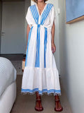 Deep V Neck Striped Slit Hem Beach Dress