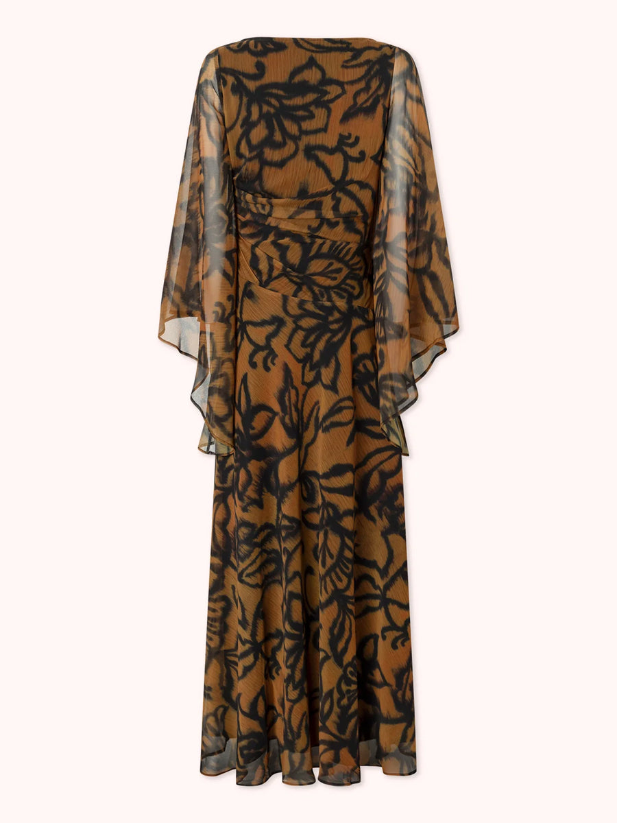 Boat Neck Printed Wide Sleeves Maxi Dress