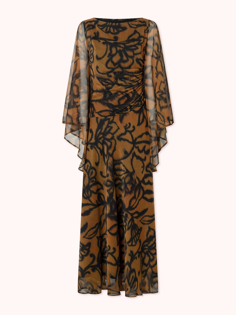 Boat Neck Printed Wide Sleeves Maxi Dress