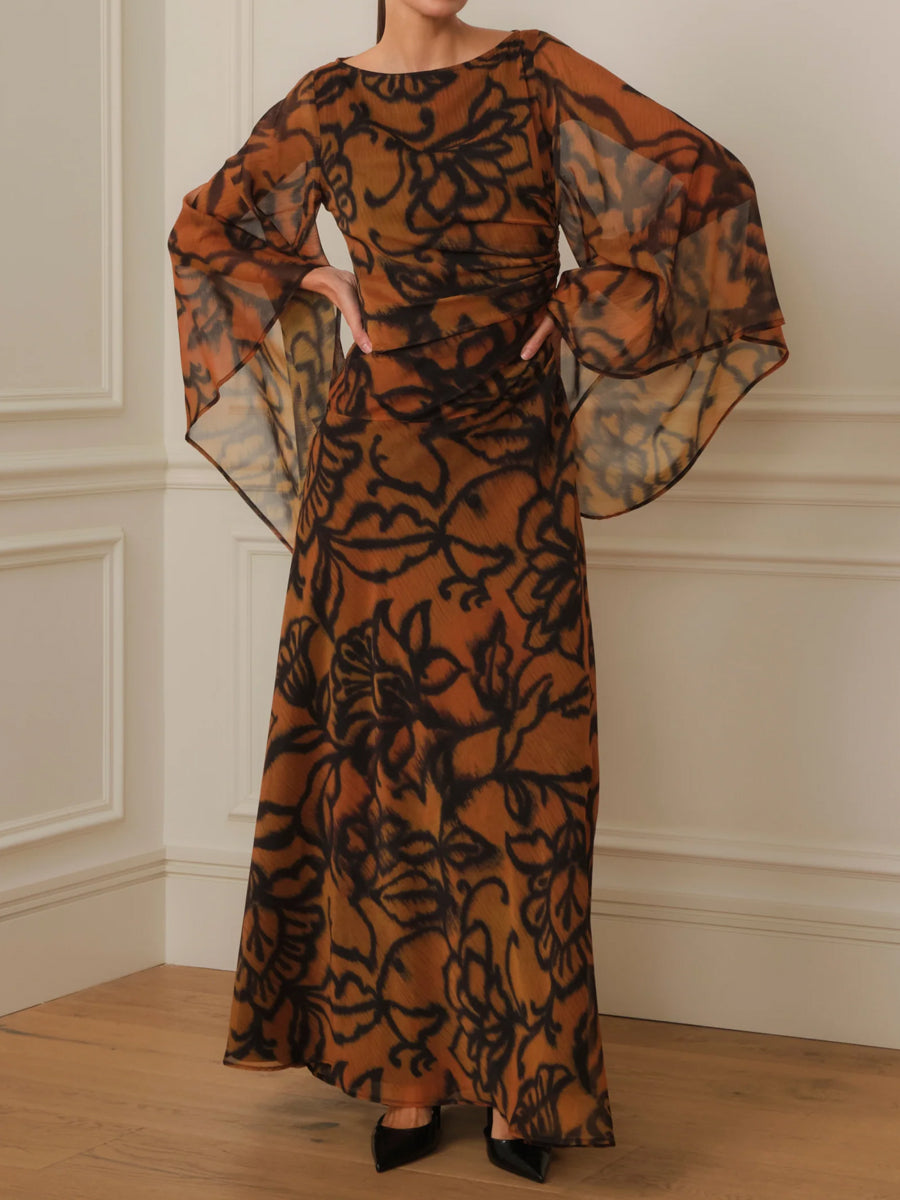 Boat Neck Printed Wide Sleeves Maxi Dress