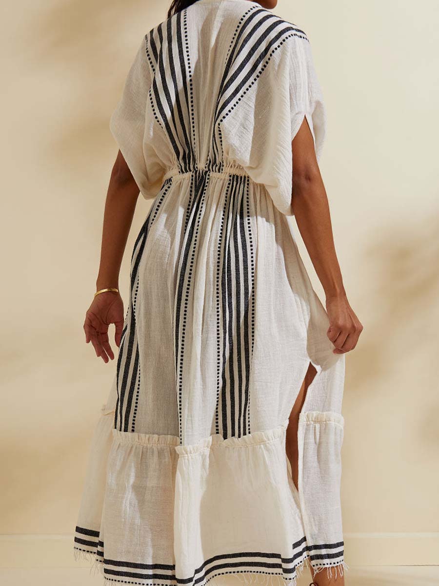 Deep V Neck Striped Slit Hem Beach Dress