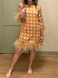 Printed Satin Polka Dot Feather Mini Dress