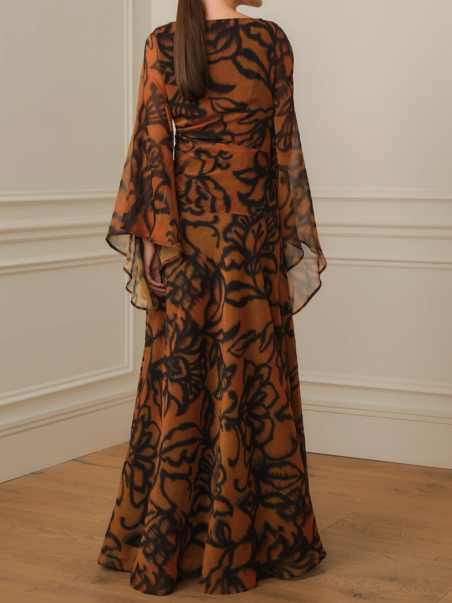 Boat Neck Printed Wide Sleeves Maxi Dress