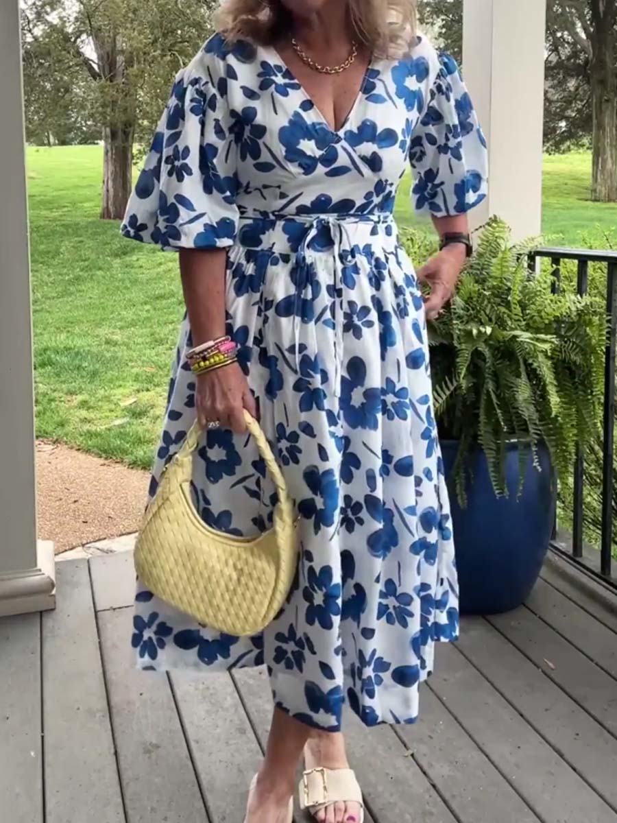 Floral Print V-neck Puff Sleeve Dress