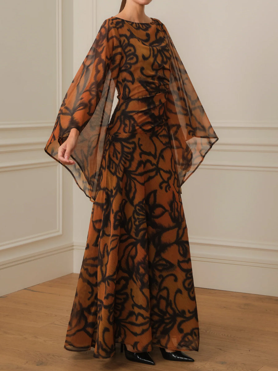 Boat Neck Printed Wide Sleeves Maxi Dress